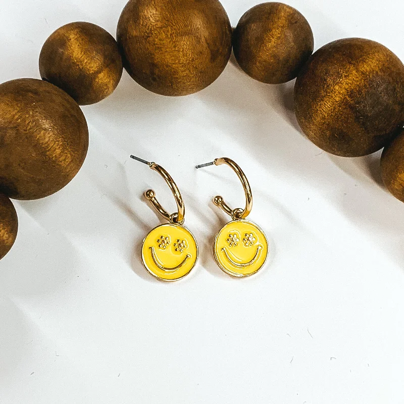 women aquamarine earrings -Gold Tone Hoop Earrings with a Happy Face Circle Pendant in Yellow