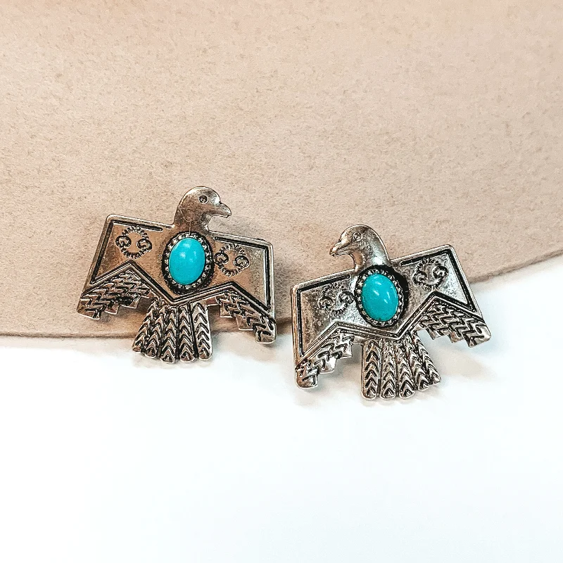 women emerald earrings -Thunderbird Post Back Earrings with Turquoise Stone in Silver