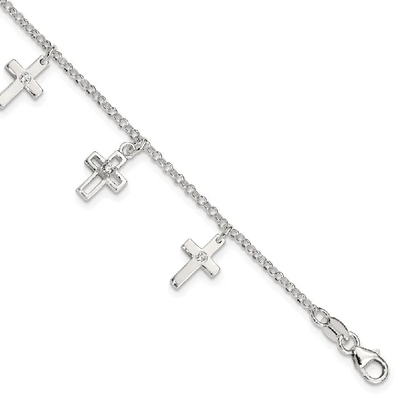 women sleek gold bangles and bracelets -925 Sterling Silver & Cubic Zirconia Cross Children's Bracelet, 5" w/1in Extender