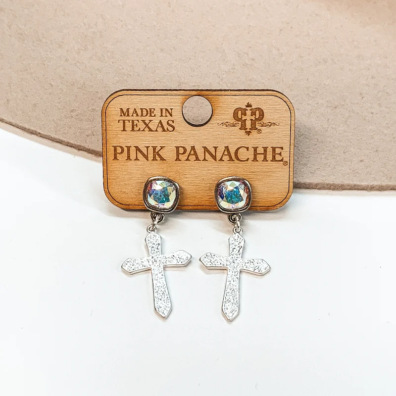 women gemstone drop earrings -Pink Panache | AB Cushion Cut Crystal Post Earrings with Small Textured Cross Pendant in Silver