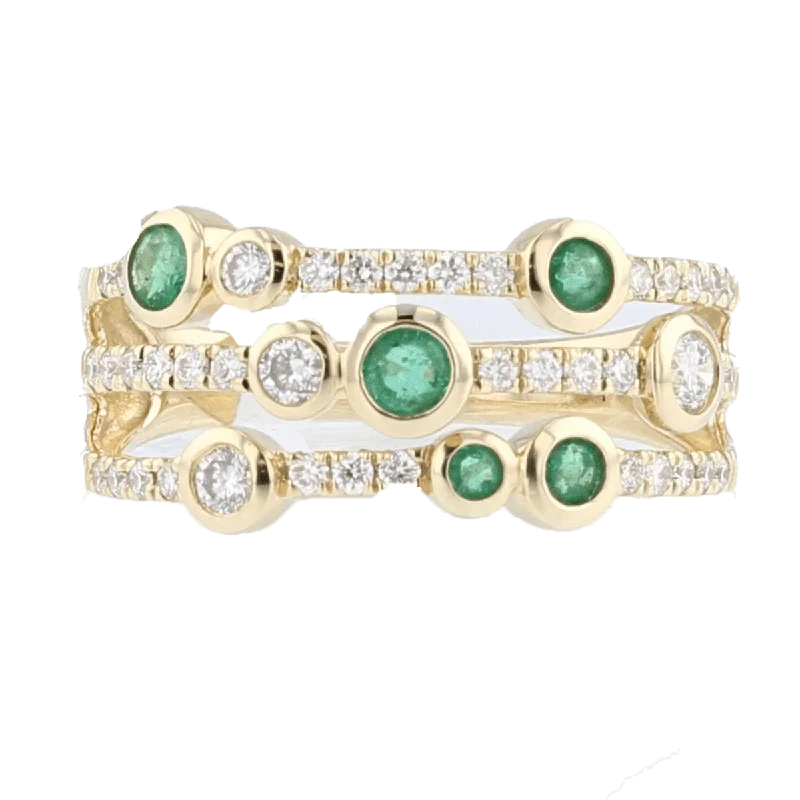 women braided engagement rings -14KT YELLOW GOLD 3/8 CTW EMERALD & 3/8 CTW DIAMOND BEZEL-SET 3 ROW RING