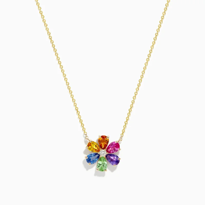 women engraved name necklaces -Watercolors 14K Gold Multi Sapphire and Diamond Flower Necklace