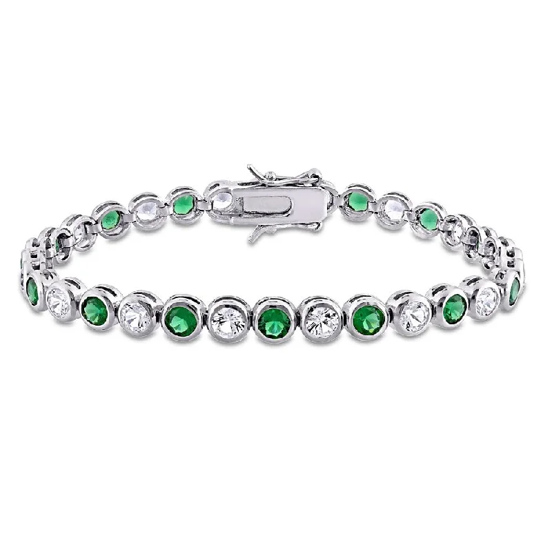 women pearl and diamond bangles and bracelets -Miadora Sterling Silver 9 1/2 CT TGW Green Cubic Zirconia and Created White Sapphire Tennis Bracelet