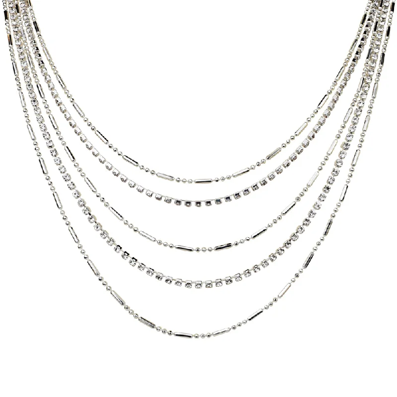 women large gemstone necklaces -Crystal Waterfall 5 Row Layered Drape Necklace (Sterling Silvertone)