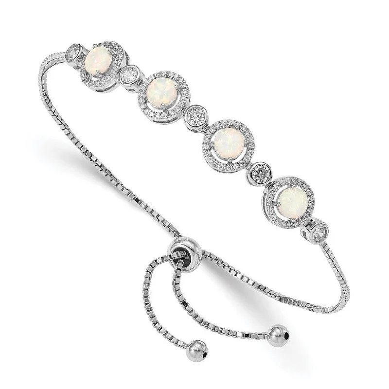 women pearl and gold bangles and bracelets -Curata 925 Sterling Silver Rhodium Plated Simulated Opal and Cubic Zirconia Halo Adjustable Bracelet