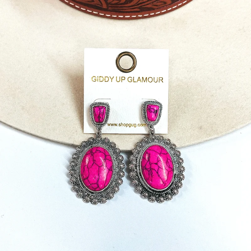 women floral stud earrings -Well Loved Silver Western Post Earrings with Oval Stone Drop in Pink