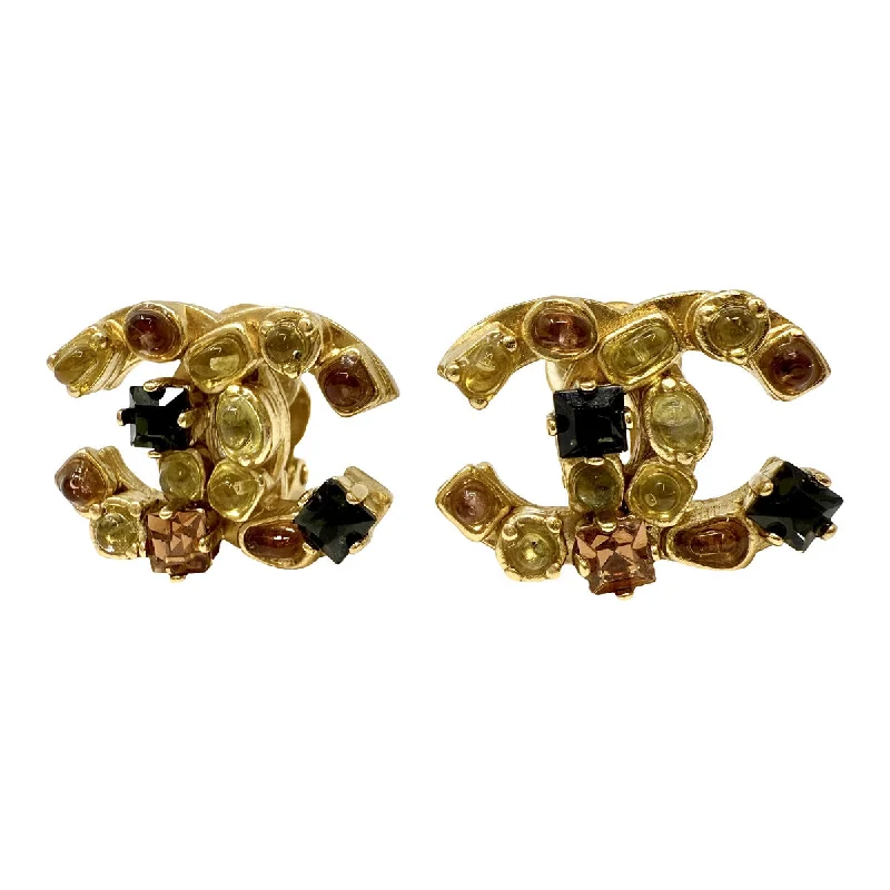 women engraved earrings -Chanel 2001 Vintage Interlocking CC Clip-on Earrings with Multi-colored Crystals