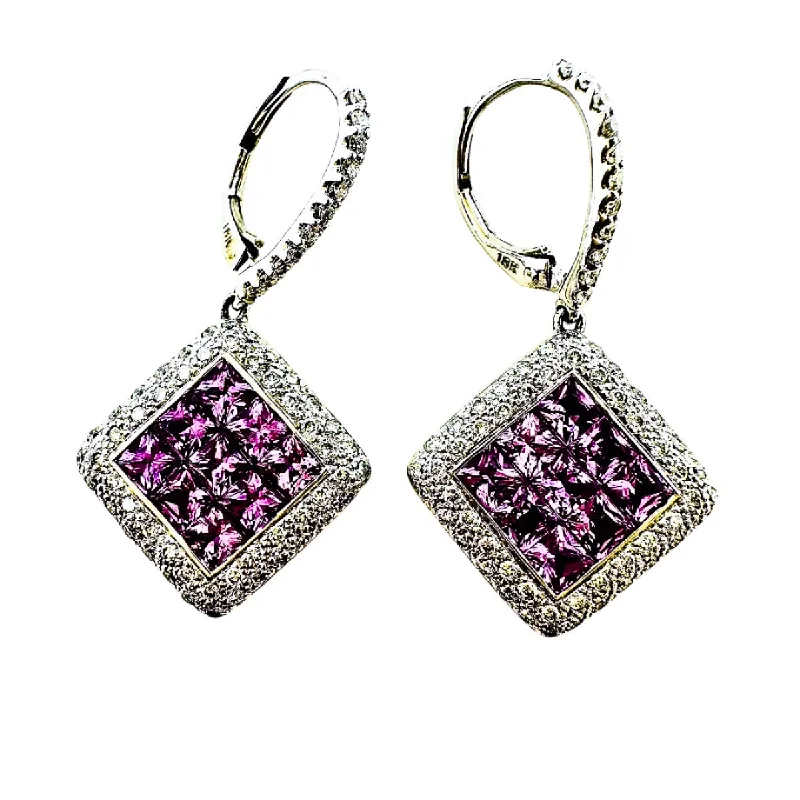 women luxury diamond earrings -18K White Gold Pink Sapphire and Diamond Drop Earrings