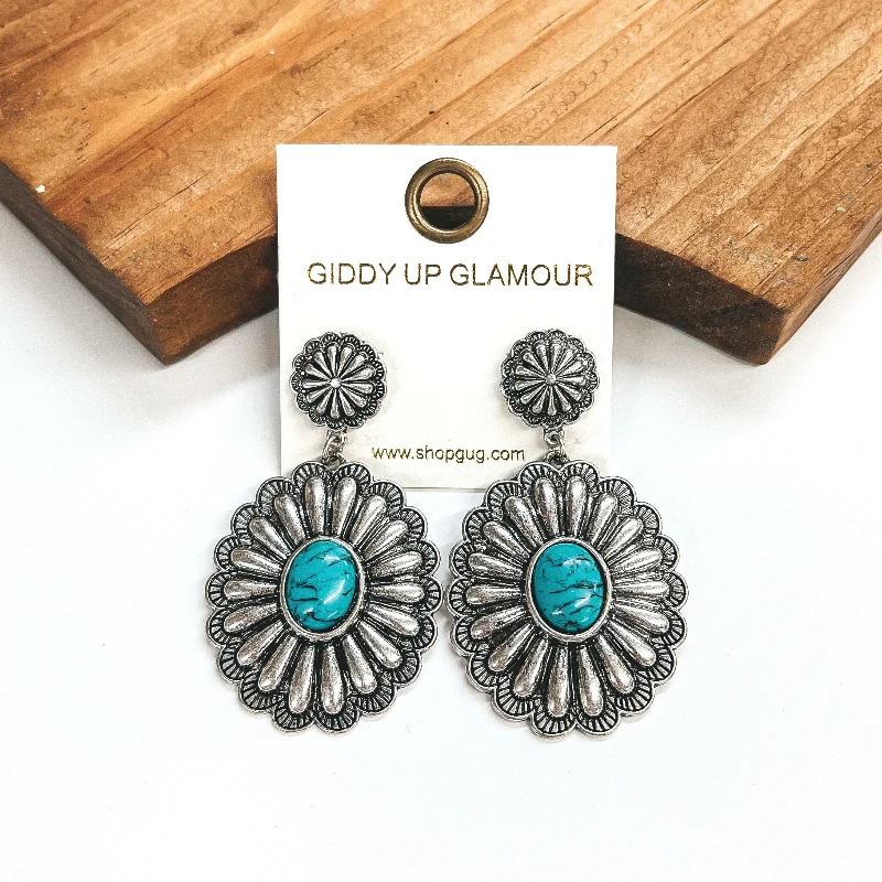 Silver earrings for women -New in Town Silver Tone Post Concho Drop Earrings with Faux Turquoise Stones