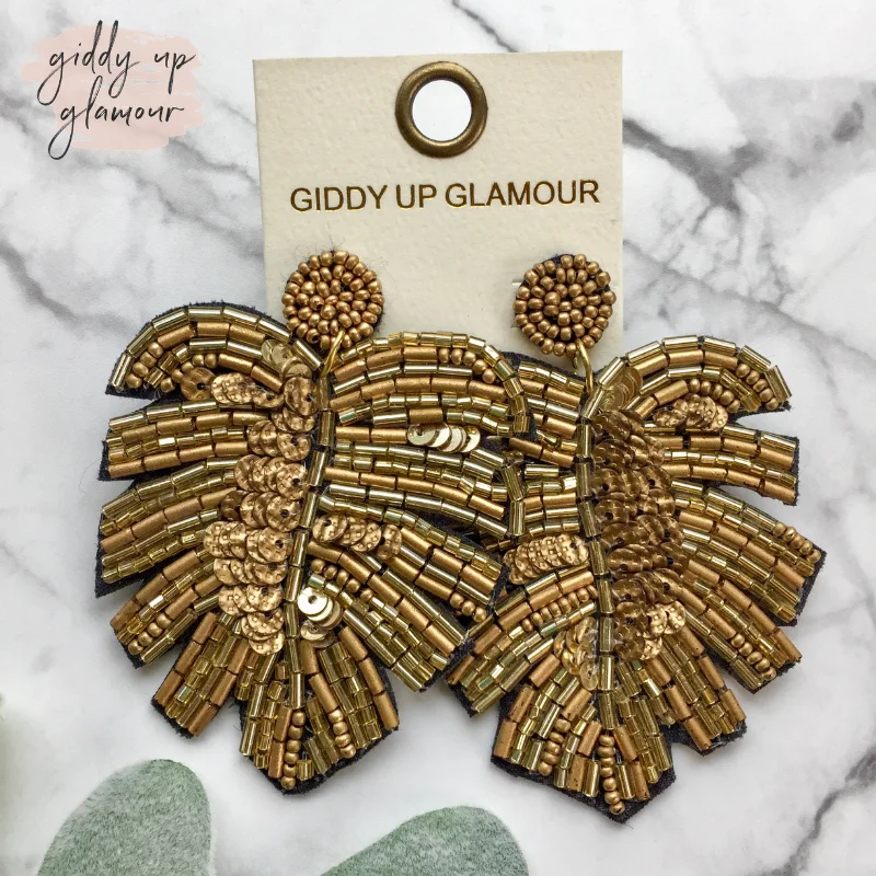 women boho earrings -Beaded Palm Leaf Statement Earrings in Gold