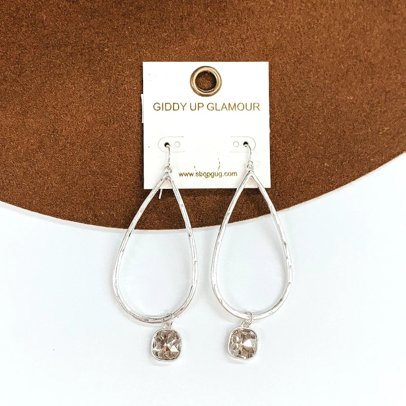 women oval earrings -Large Hammered Teardrop Earrings with Clear Hanging Crystal in Silver