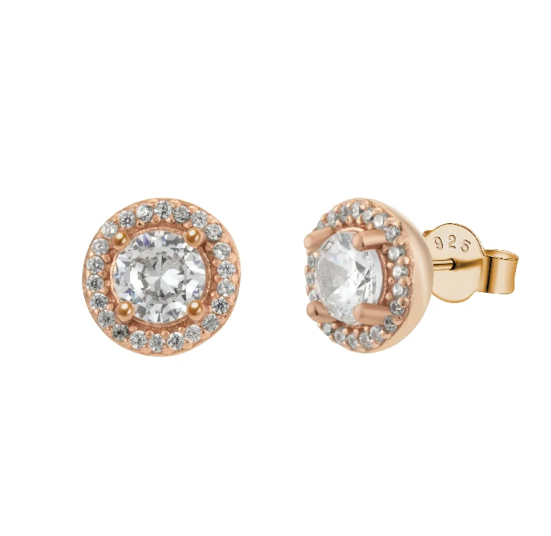 women silver-plated earrings -Rose Gold Round Sparkle Halo Crystal Pave Stud Earrings