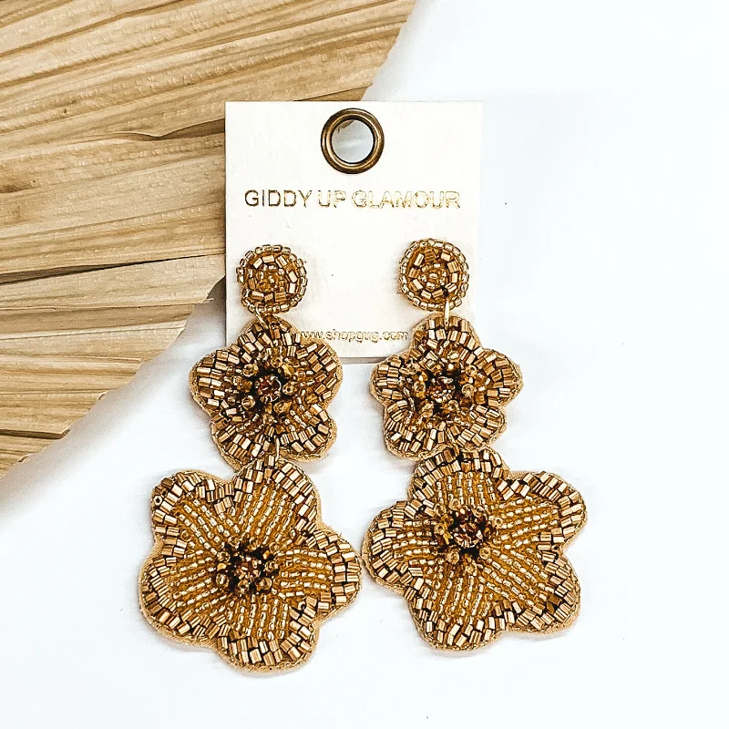 women pearl stud earrings -Beaded Two Tiered Flower Earrings in Gold