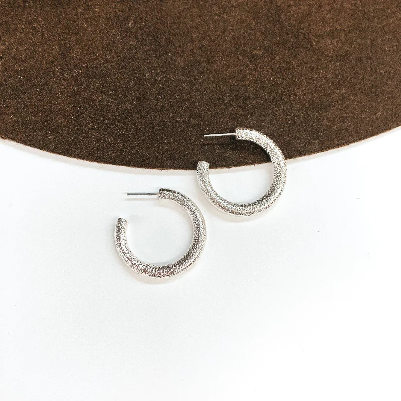 women round earrings -Textured Small Sized Hoop Earrings in Silver