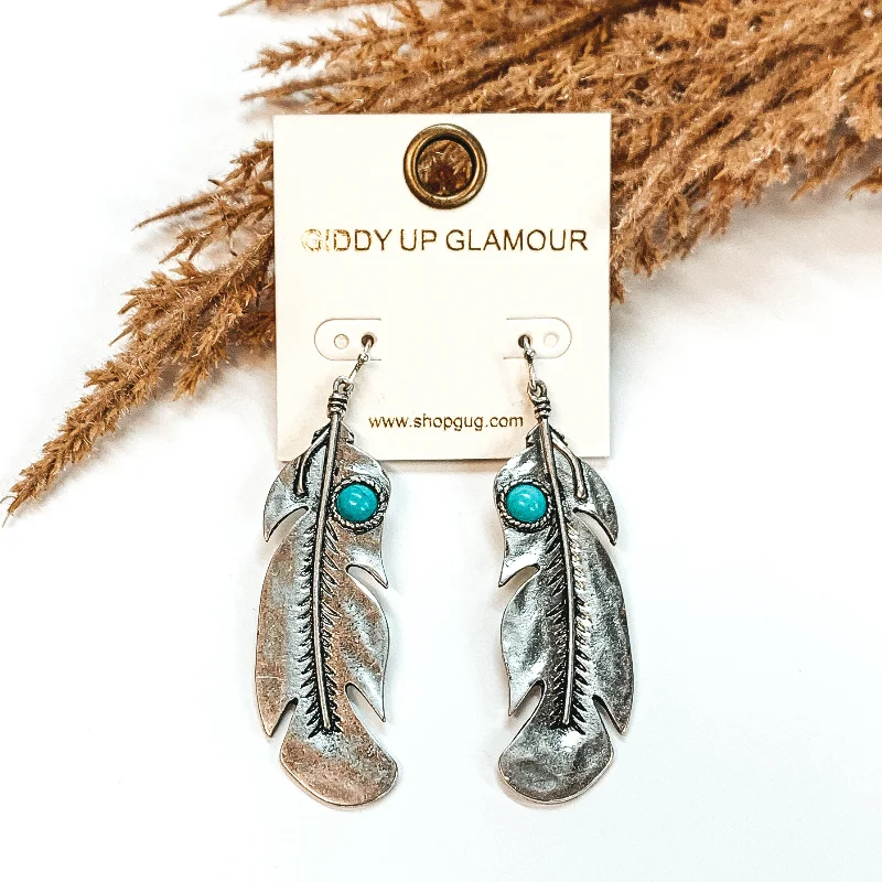 women drop earrings -Western Feather Drop Earrings in Silver