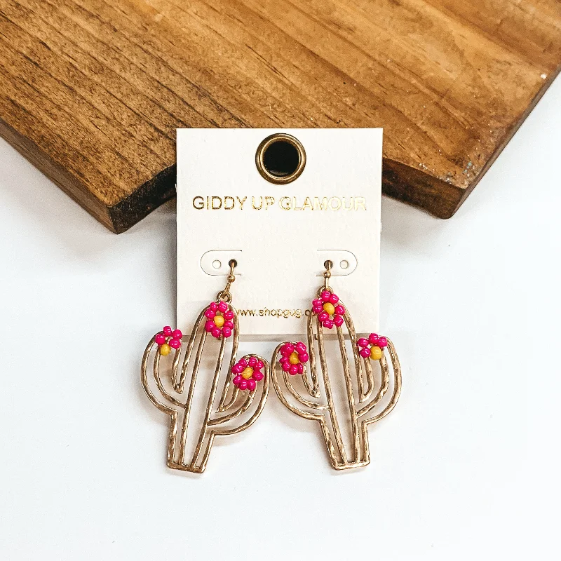 women stackable earrings -Gold Tone Cutout Cactus Earrings with Seedbeaded Flowers in Pink