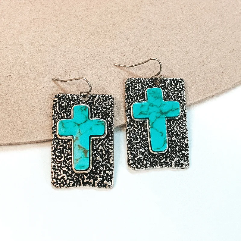 women gold hoop earrings -Silver Rectangle Drop Earrings with Cross Stone in Turquoise