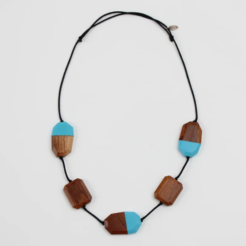 women simple pendant necklaces -Blue Resin and Wood Statement Necklace