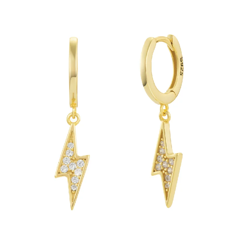 women sterling silver earrings -Golden Lighting Bolt Crystal Pave Dangle Hoop Earrings