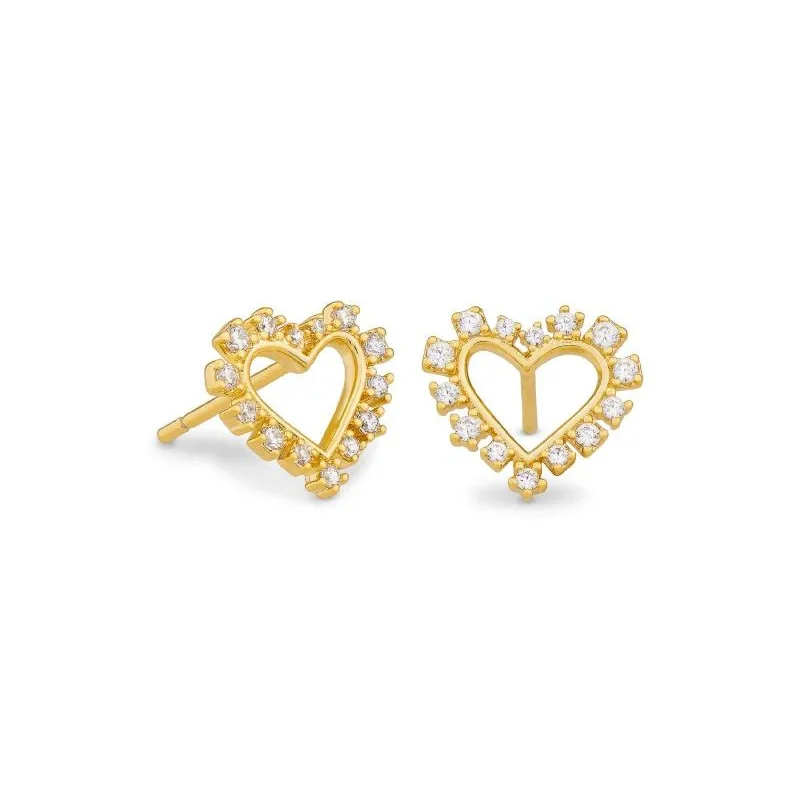 women engraved earrings -Kendra Scott | Ari Heart Gold Stud Earrings in White Crystal