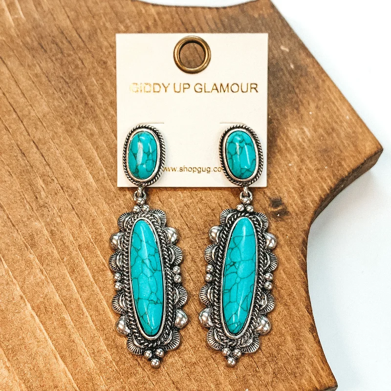 women antique earrings -Oval Post Back Earrings with Western Oval Pendant with Turquoise Stones in Silver