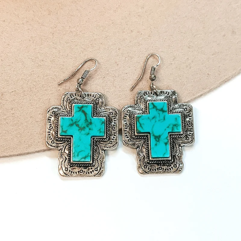 women heart-shaped earrings -Silver Cross Pendant Earrings with Cross Stone in Turquoise