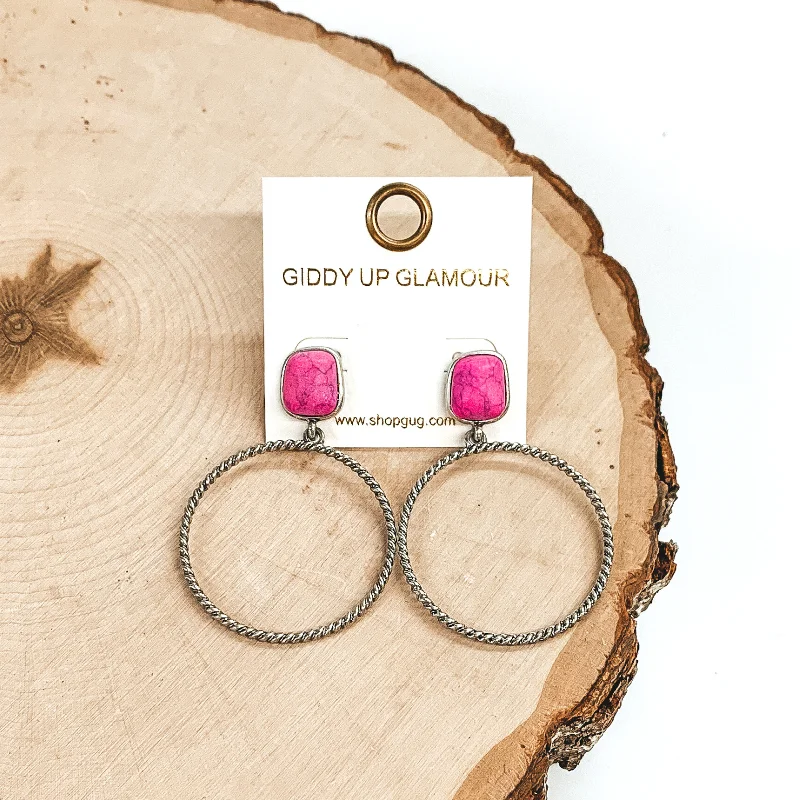 women boho earrings -Soulful Look Circle Drop and Stone Post Silver Earrings in Pink