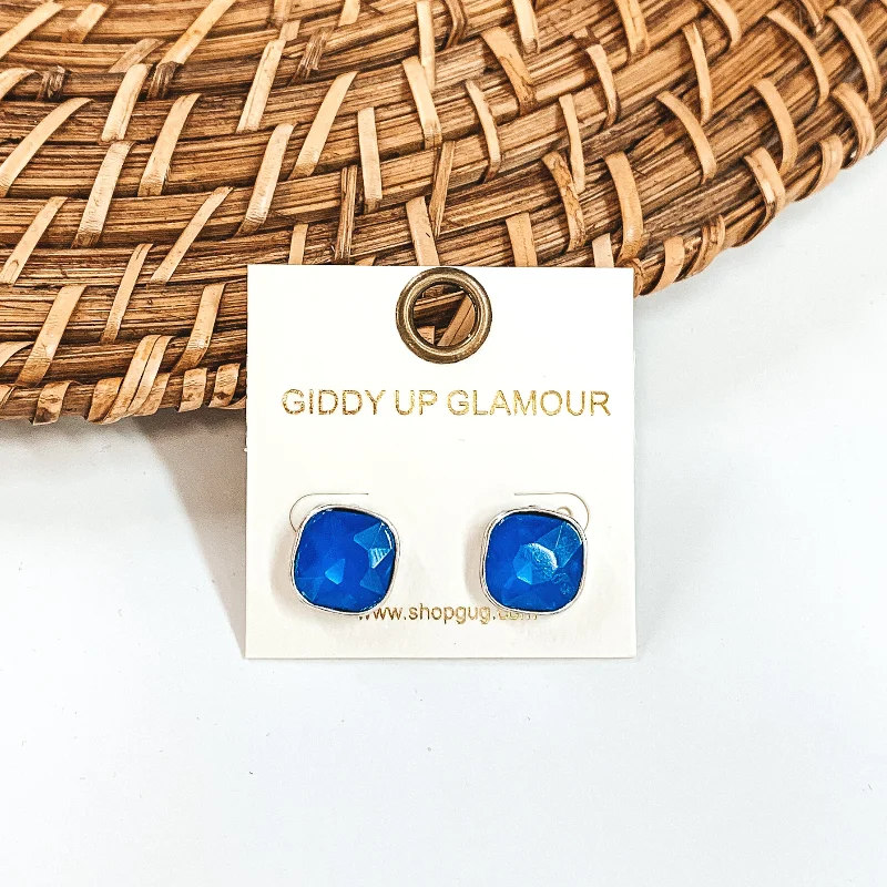 women pearl stud earrings -Silver Tone Square Stud Earrings with Crystals in Blue