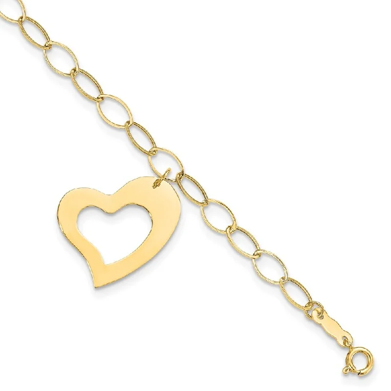 women gemstone bangles and bracelets -14k Yellow Gold 19mm Yellow Gold Dangle Heart Bracelet, 7.25"