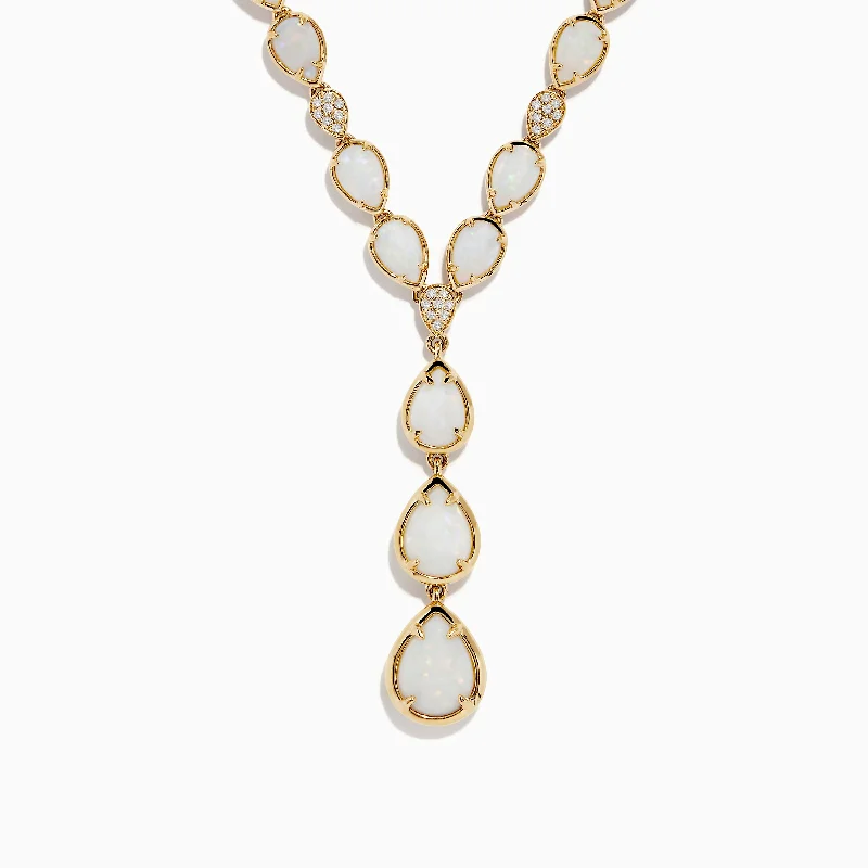 women pearl drop necklaces -Aurora 14K Yellow Gold Opal and Diamond Y Necklace