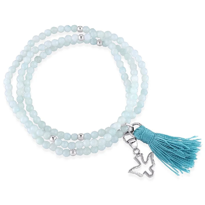 women leather bangles and bracelets -Miadora Amazonite Green Tassel and Dove Charm Bead Bracelet in Sterling Silver - Blue