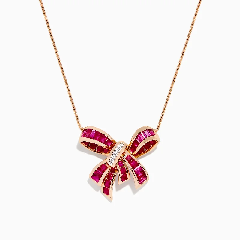 women gold-plated necklaces -Ruby Royale 14K Rose Gold Ruby and Diamond Bow Necklace, 2.97 TCW