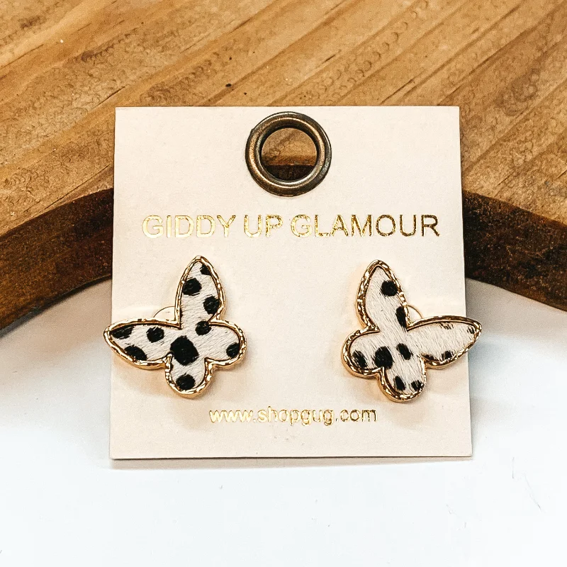 women aquamarine earrings -Gold Post Butterfly Earrings in White Dotted Print