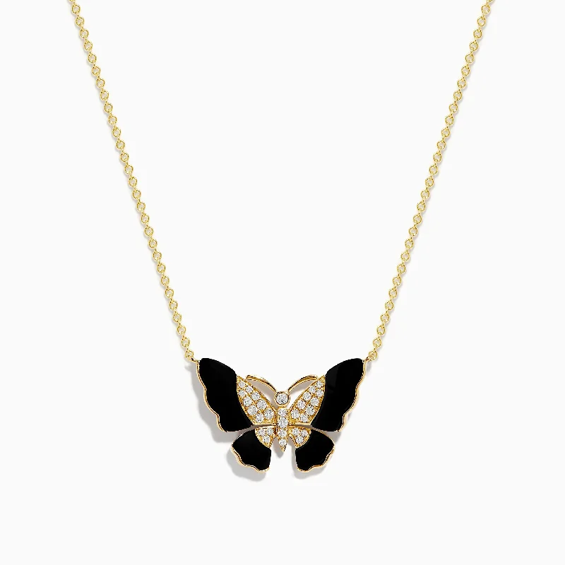 women vintage gold necklaces -Nature 14K Yellow Gold Onyx and Diamond Butterfly Necklace