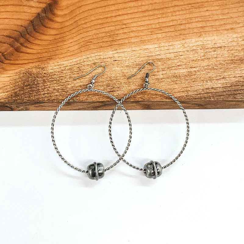 women silver hoop earrings -Silver Twisted Circle Drop Earrings with Single Silver Bead