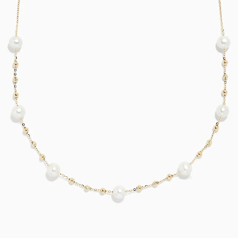 women bar necklaces -14K Yellow Gold 16" Pearl Station Necklace