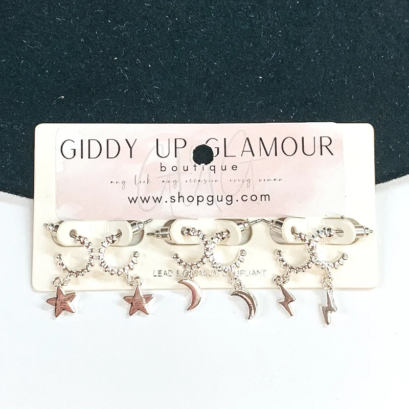 women zodiac earrings -Cosmic Tiny Hoops Earring Set in Silver Tone