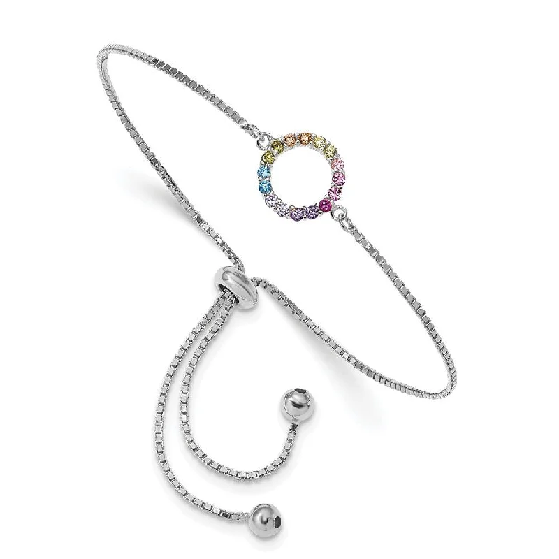 women dainty bangles and bracelets -925 Sterling Silver Rhodium-plated Colorful Cubic Zirconia Open Circle Bolo Bracelet