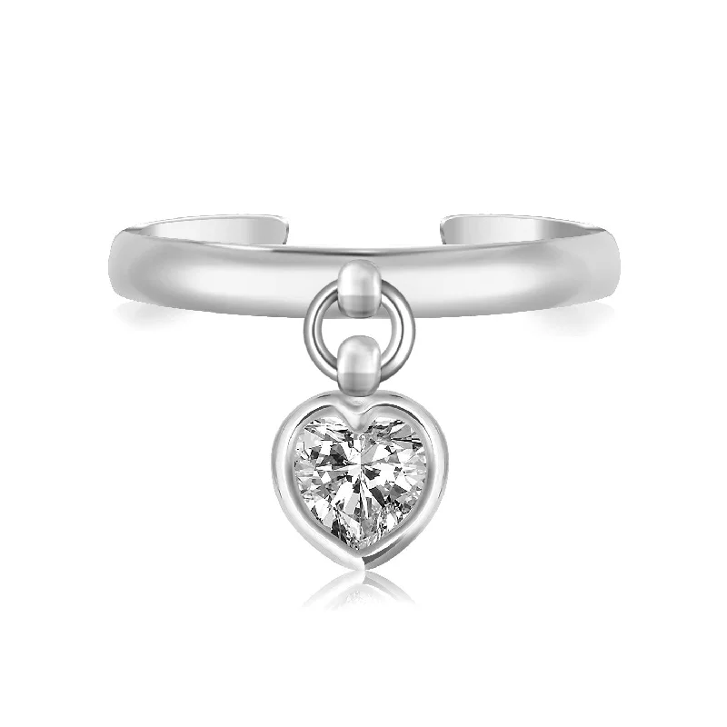 women chunky engagement rings -Sterling Silver Rhodium Finished Heart Cubic Zirconia Charm Toe Ring