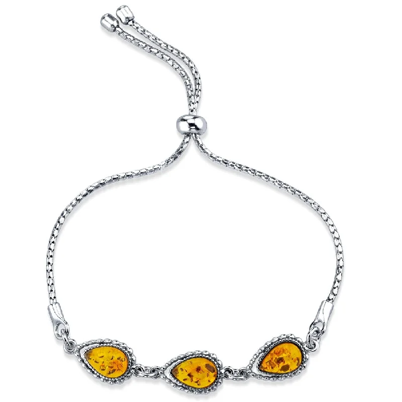 women stackable bangles and bracelets -Sterling Silver Baltic Amber 3-Stone Adjustable Bracelet