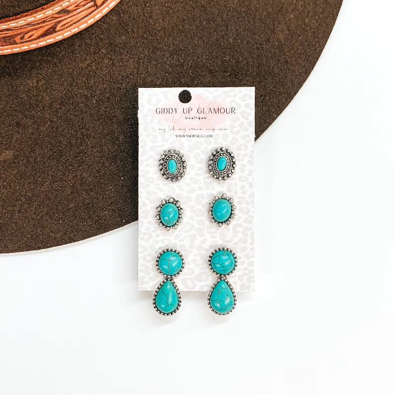 women oval earrings -Mystical Dreamer Western Turquoise Stone Earring Set in Silver Tone