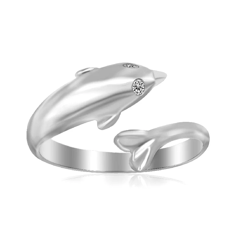 women trendy beaded engagement rings -Sterling Silver Rhodium Plated Dolphin Design Polished Open Toe Ring