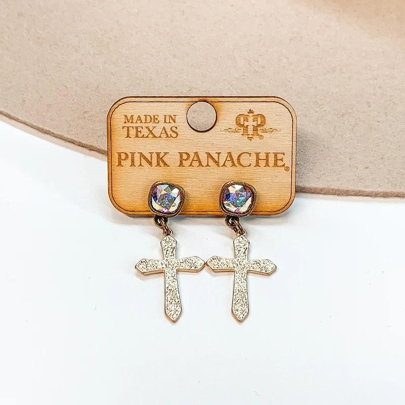 women unique earrings -Pink Panache | AB Cushion Cut Crystal Post Earrings with Small Textured Cross Pendant in Gold