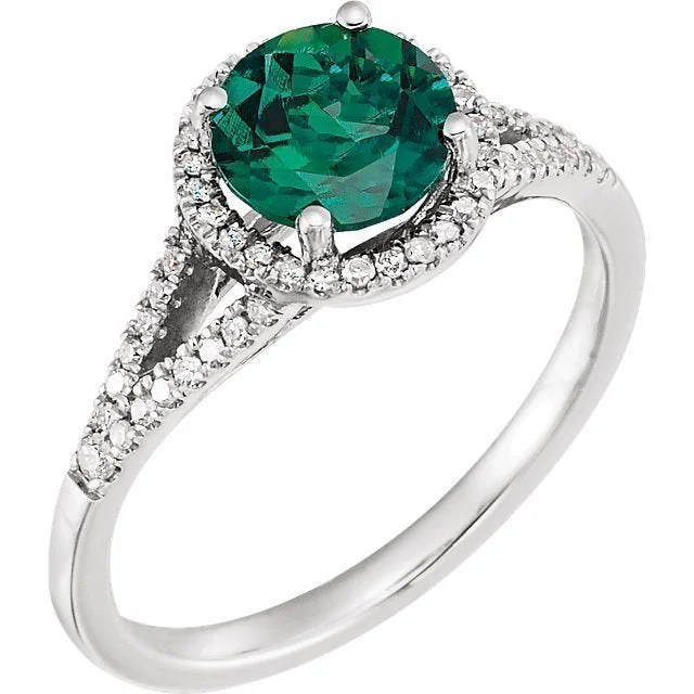 women simple engagement rings -14KT WHITE GOLD 1 1/4 CT LAB CREATED EMERALD & 1/6 CTW DIAMOND HALO RING