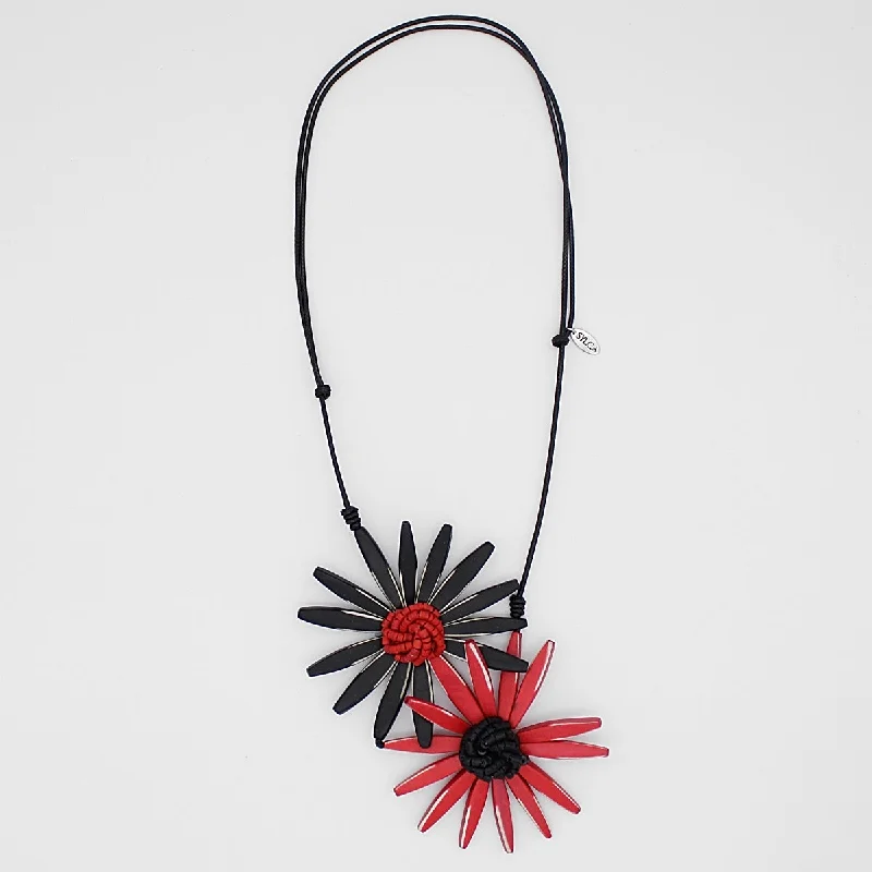 women bohemian necklaces -Black and Red Amaya Double Flower Statement Necklace