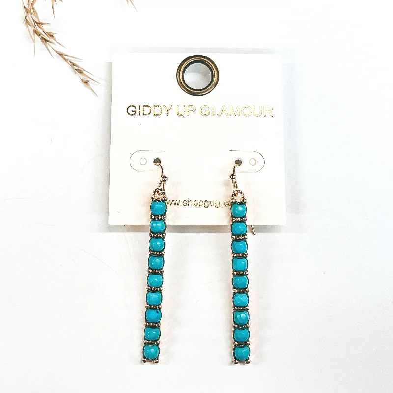 women art deco earrings -Gold Rectangle Bar Drop Earrings with Turquoise Beads