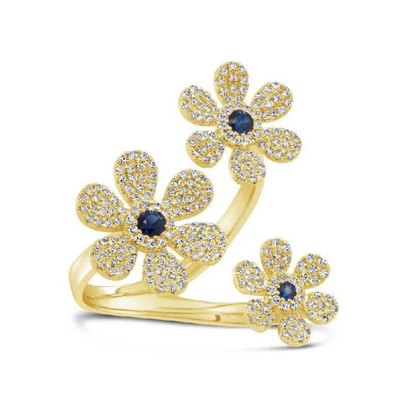 women gemstone and silver engagement rings -14KT GOLD 0.65 CTW SAPPHIRE & DIAMOND PAVÉ 3 FLOWER RING