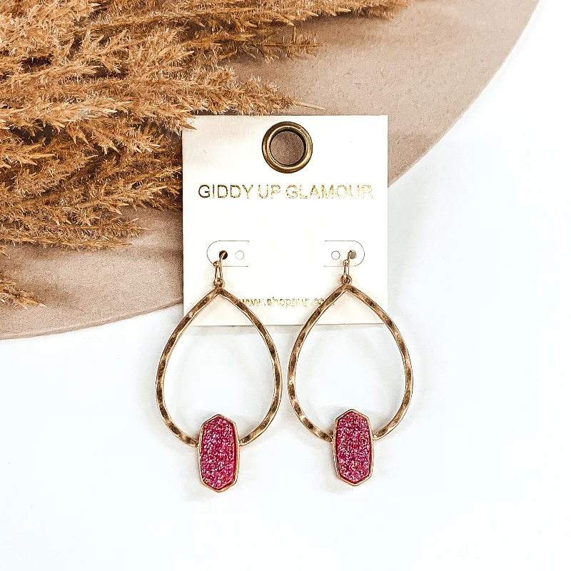 Custom earrings for women -Gold Hammered Teardrop Earrings with Druzy Pendant in Fuchsia