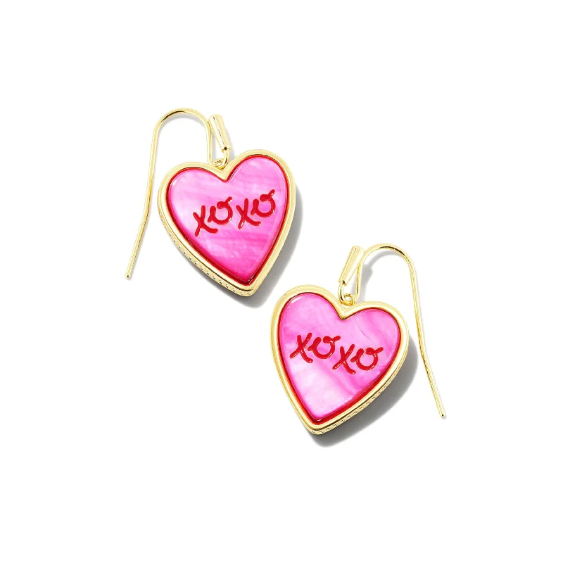 women art deco earrings -Kendra Scott | XOXO Heart Gold Drop Earrings in Hot Pink Mother of Pearl