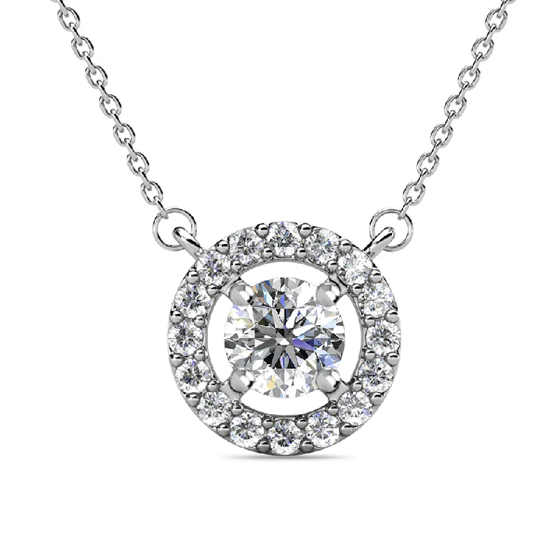 women layered necklaces -Royal 18k White Gold Plated April Birthstone Halo Necklace with Round Cut Diamond Swarovski Crystals